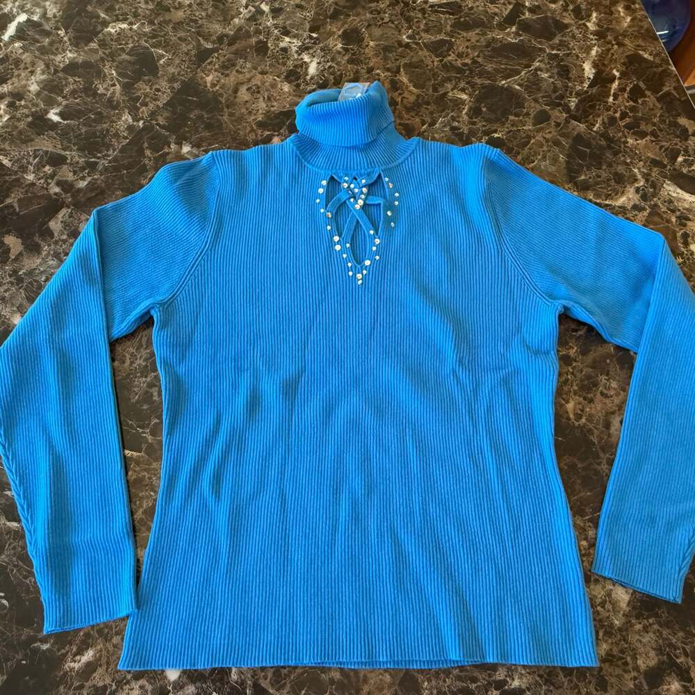 Y2K Blue Ribbed Turtleneck Top Lace Up Coquette Clean Girl Soft W047